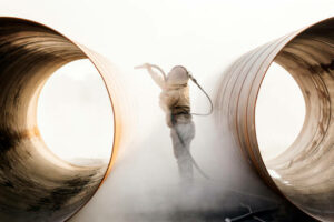 Sandblasting or abresive blasting for steel pipes before painting and coating.